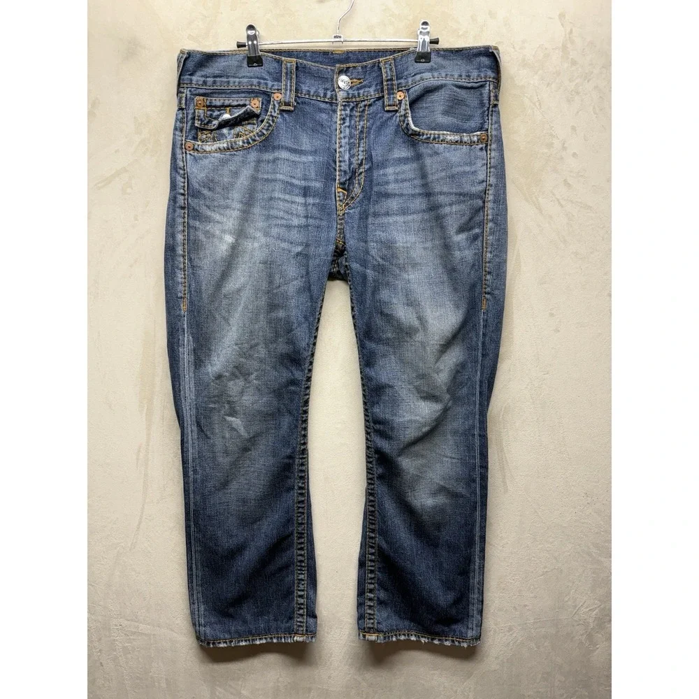 True Religion Ricky Jeans Men's 33 Blue Distressed Straight Flap Big T MJA859M6